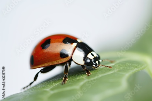 Close-up of a Red ladybug on a leaf isolated on a white background. © Iryna