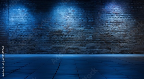 Fototapeta Naklejka Na Ścianę i Meble -  3d rendering of empty room with brick wall and blue spotlights