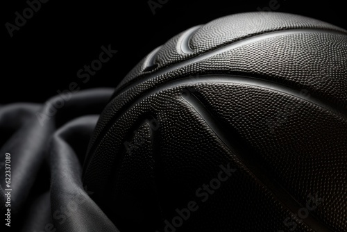 Close-up of a black basketball on a black background. © Iryna