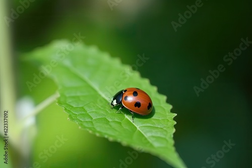 A small red ladybug sits on a green leaf. © Iryna