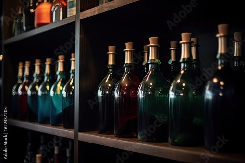 Shelf with wine old bottles in the winery.