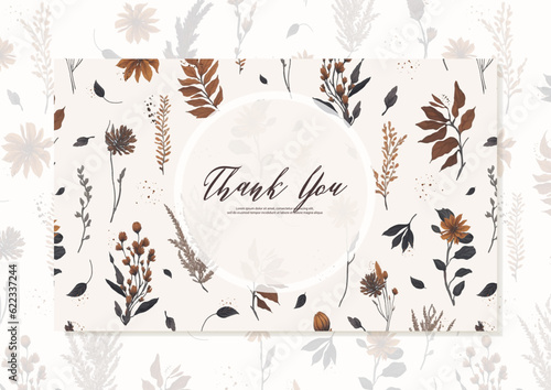 Thank you card templates with autumn seamless pattern . Brown, golden branches and leaves, pampas grass, dry grass, boho. Vector