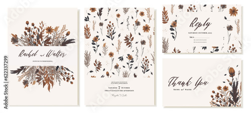 Print op canvas Wedding invitation templates and thank you cards with autumn bouquet