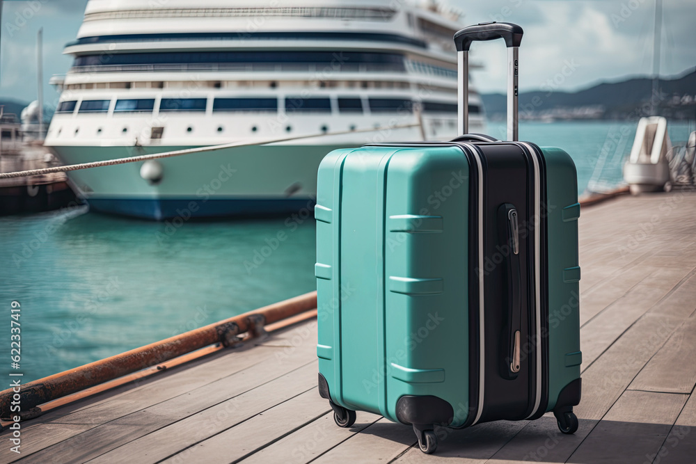 Close-up of a travel suitcase with a large liner in the background. Close-up of a travel suitcase with a large liner in the background.