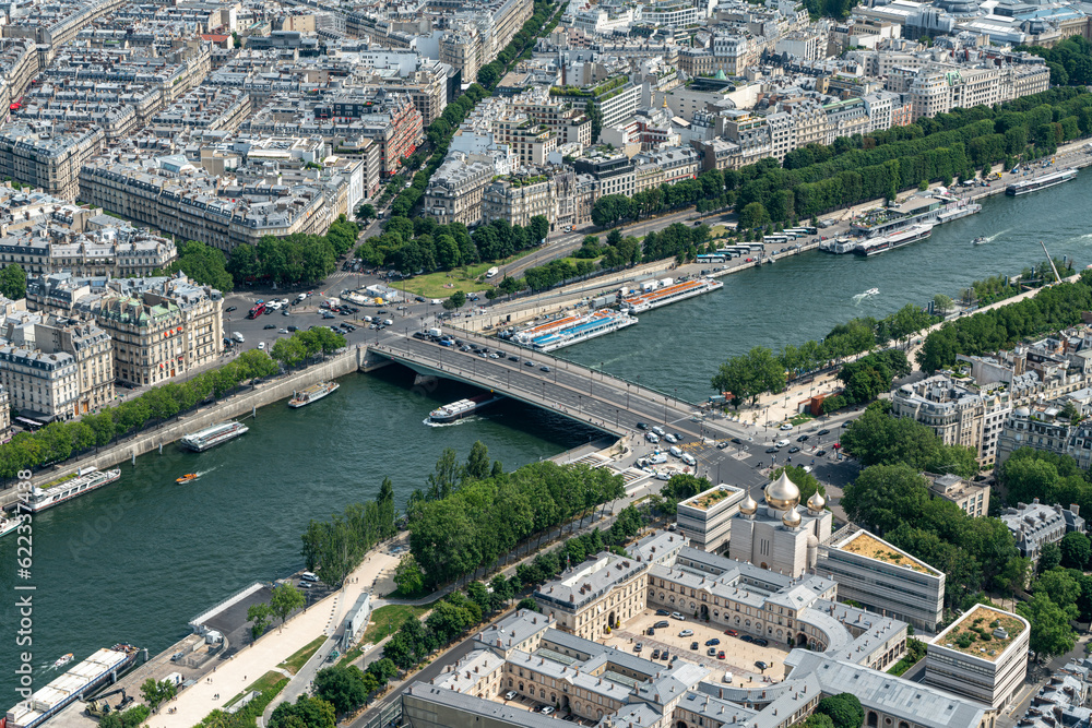 Beautiful view of the Passerelle Debilly bridge from the Eiffel Tower observation deck
