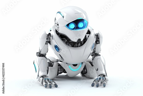 Robot with arms and glowing blue eyes on a white background.