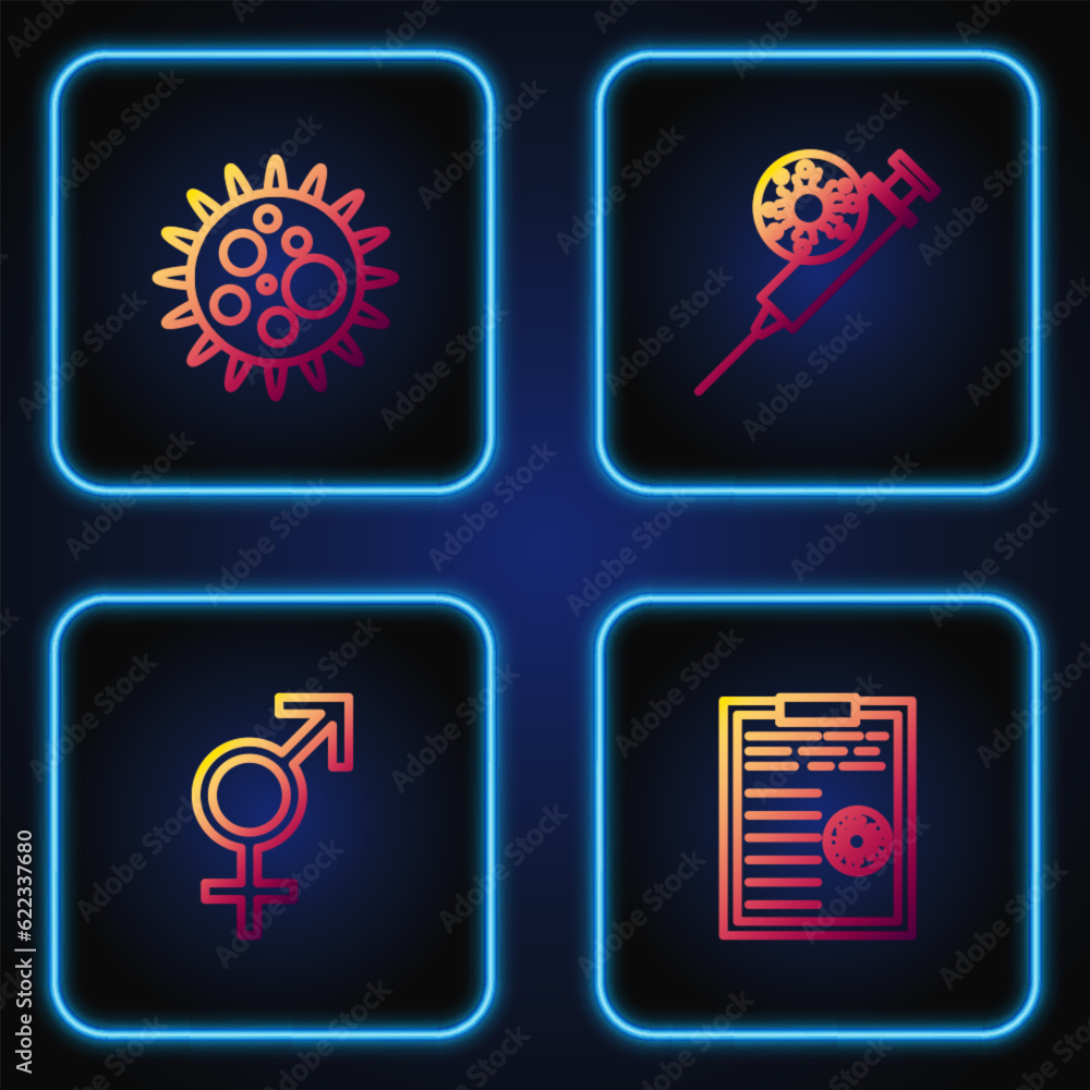 Set line Clipboard with blood test results, Gender, Virus and Syringe and virus. Gradient color icons. Vector Set line Clipboard with blood test results, Gender, Virus and Syringe and virus. Gradient color icons. Vector