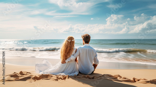 The guy and the girl are sitting on the sand on the sea beach on a sunny day