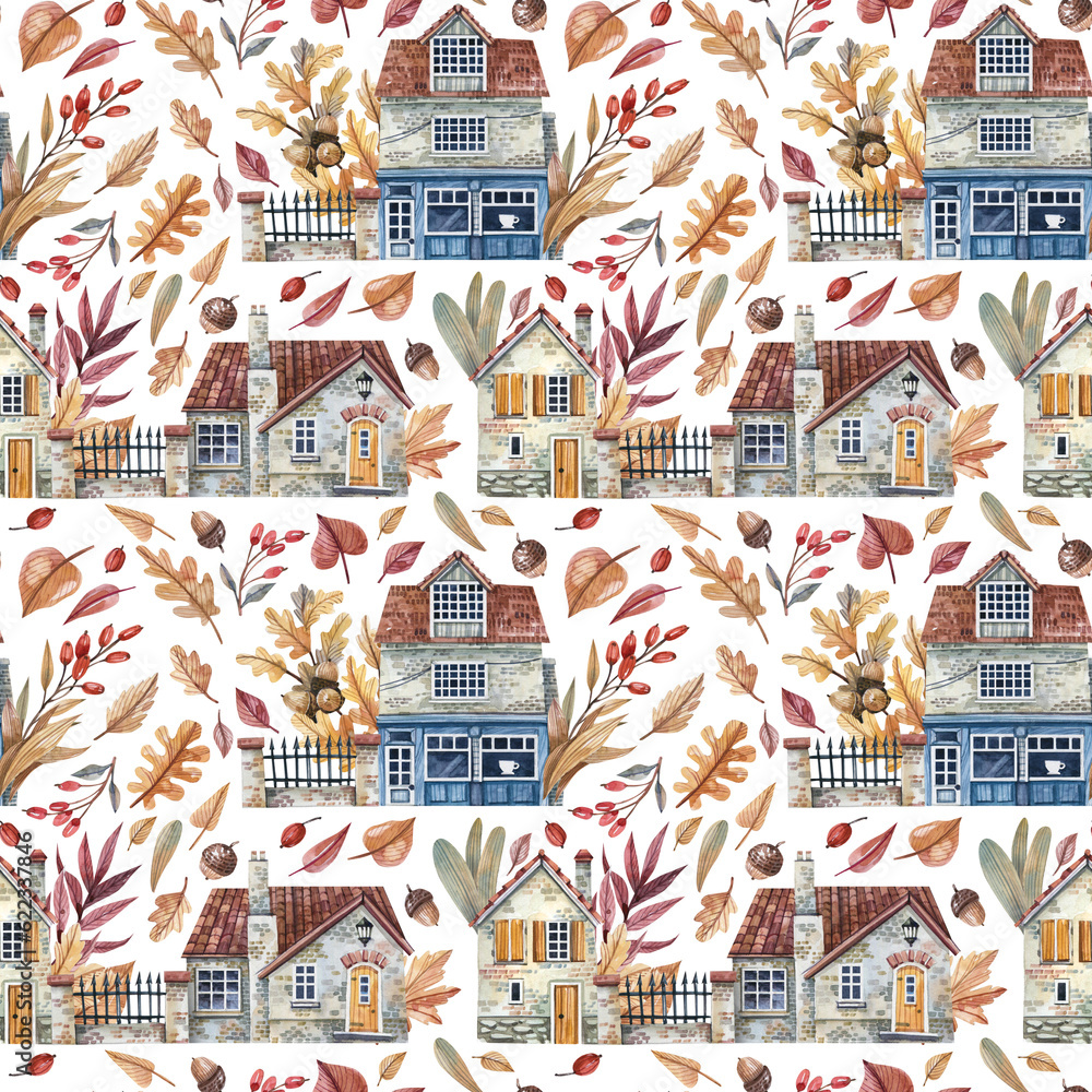 Autumn, seamless pattern with yellow leaves, rural houses, berries and acorns. Autumn, seamless pattern with yellow leaves, rural houses, berries and acorns.
