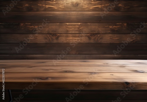 Empty wooden table top on brown wooden wall background. For product display