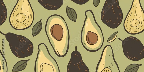 Fresh Organic Avocado Fruit Cartoon Horizontal Background Illustration. Healthy Vegetarian Diet. Ai Generated Drawning Background Illustration with Delicious Juicy Avocado Fruit. photo