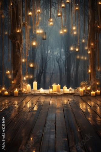 Wooden floor in the forest with candles and garlands. Halloween background