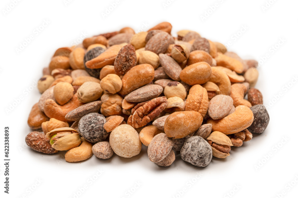 A group of almonds, pistachios, walnuts, macadamia, cashews. A group of almonds, pistachios, walnuts, macadamia, cashews.
