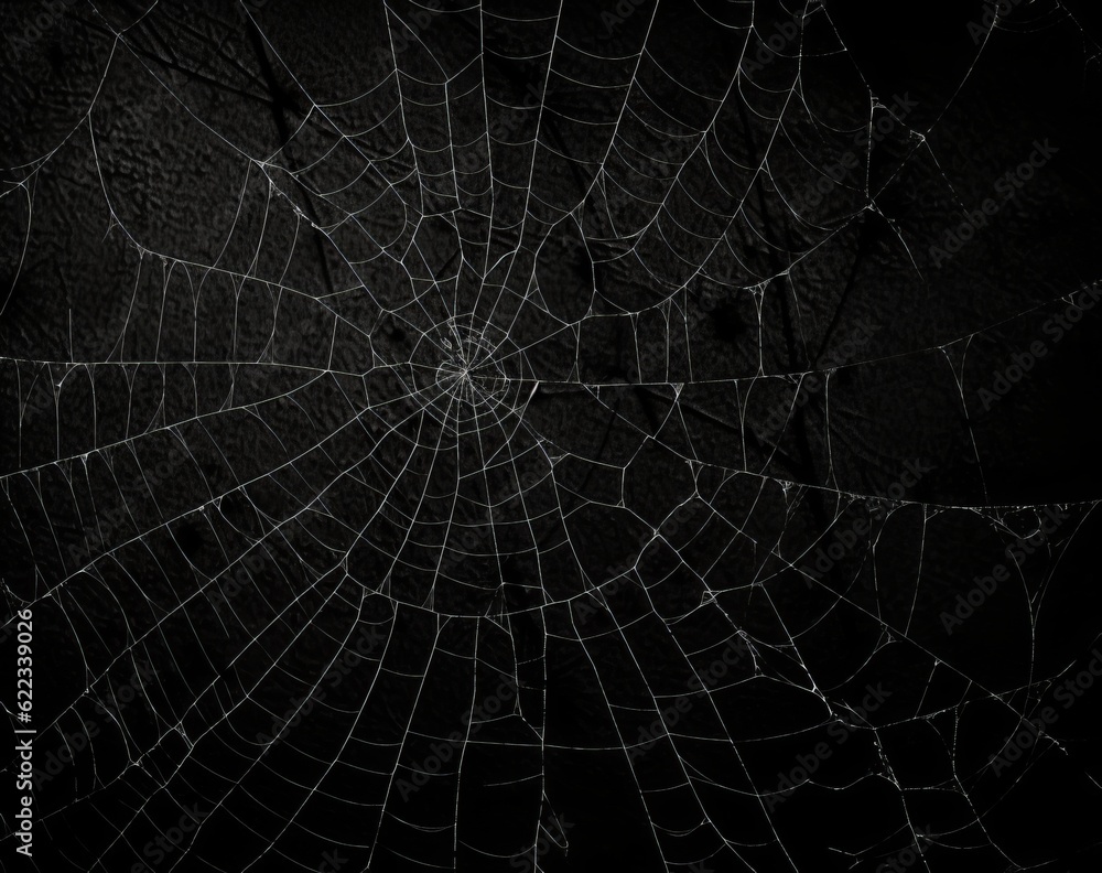 Spider web on black background. Halloween or horror concept. Space for text.