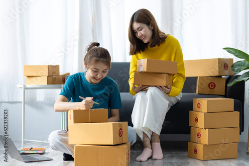 Young woman and her friend prepare boxes for delivery and start a small home business.