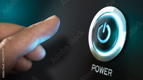 Finger about to press a power button. Hardware equipment concept. Composite between an image and a 3D background