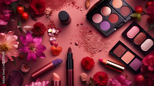 Trendy women's makeup, brushes, lipstick, nail polish. Top view. Generative AI