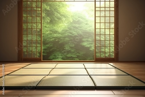 Close up of Japanese tatami mat floor wooden frame, AI