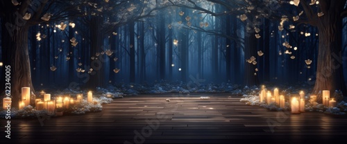 Winter forest with candles and falling snow. 3d rendering illustration.