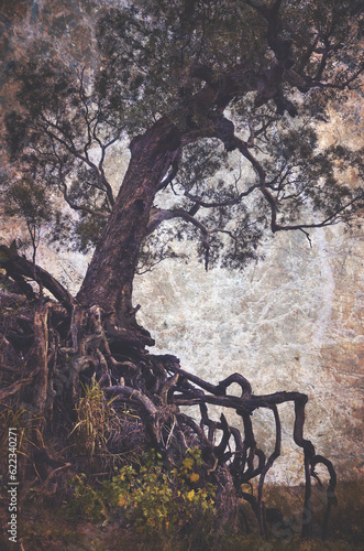 Old tree with exposed tangled roots on an eroded gully. Grunge textured, vintage style image.
