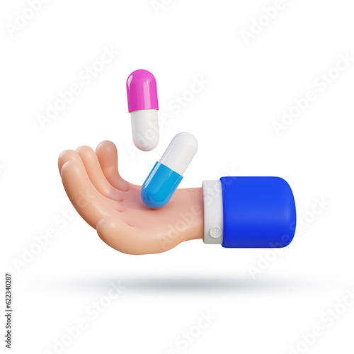 Taking pills concept. Pharmacy remedies 3D rendering. Palm top view with pills.