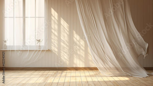 Billowing white sheer curtain, sunlight through window, beige-brown striped wall, parquet floor—a 3D backdrop for interior design and home product displays with a focus on air flow ventilation.