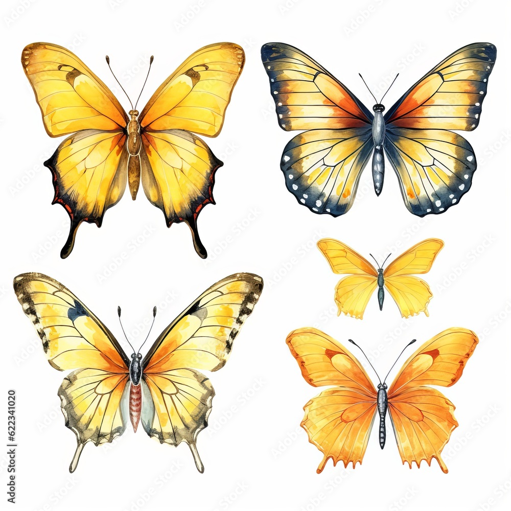 set of yellow butterflies, watercolor style Generative AI set of yellow butterflies, watercolor style Generative AI