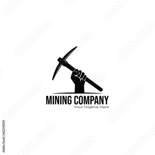 Hand hold mining pickaxe logo vector graphics