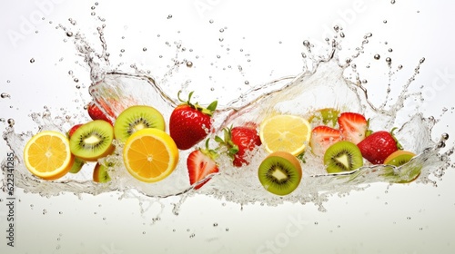 Fresh sliced fruits with splash water in white background  AI generated Image