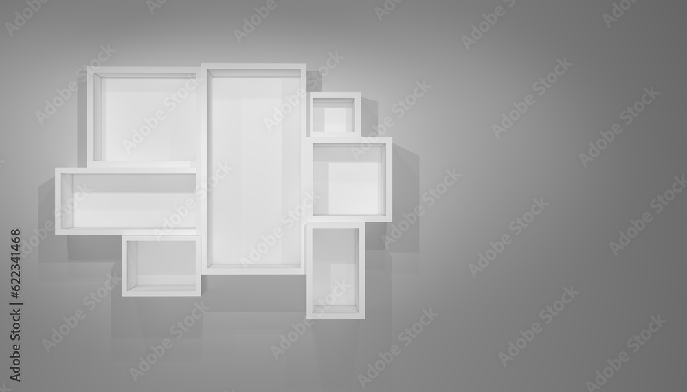 White shelves on gray wall with shadow. 3D illustration White shelves on gray wall with shadow. 3D illustration