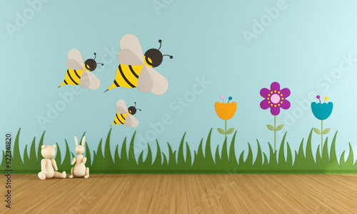 Playroom with colorful decorations on wall - 3d rendering