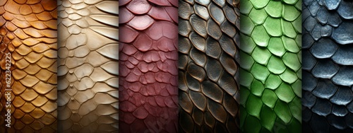 Animal reptilian background banner - Set collection of closeup of abstract snake skin texture pattern with scale detail in different colors (Generative Ai)