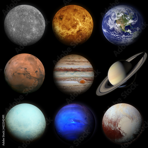 Fototapeta Naklejka Na Ścianę i Meble -  Solar system. Planets on black background. Sun, Mercury, Venus, Earth, Mars, Jupiter, Saturn, Uranus, Neptune, Pluto. Elements of this image furnished by NASA.