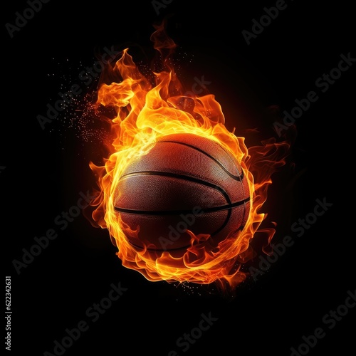 Basketball on fire in black background, AI generated Image © musa