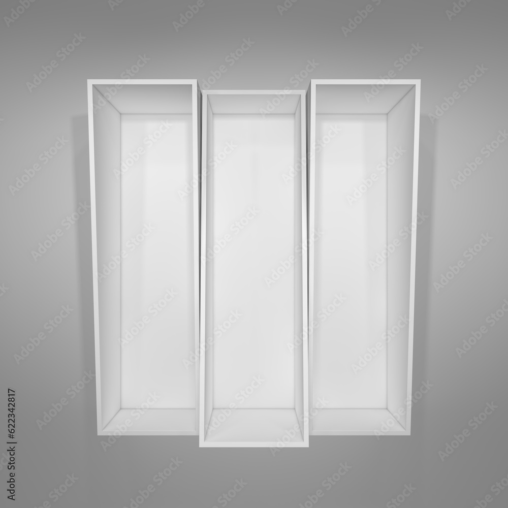 Illuminated white shelf for presentations. Gray background. 3D illustration Illuminated white shelf for presentations. Gray background. 3D illustration