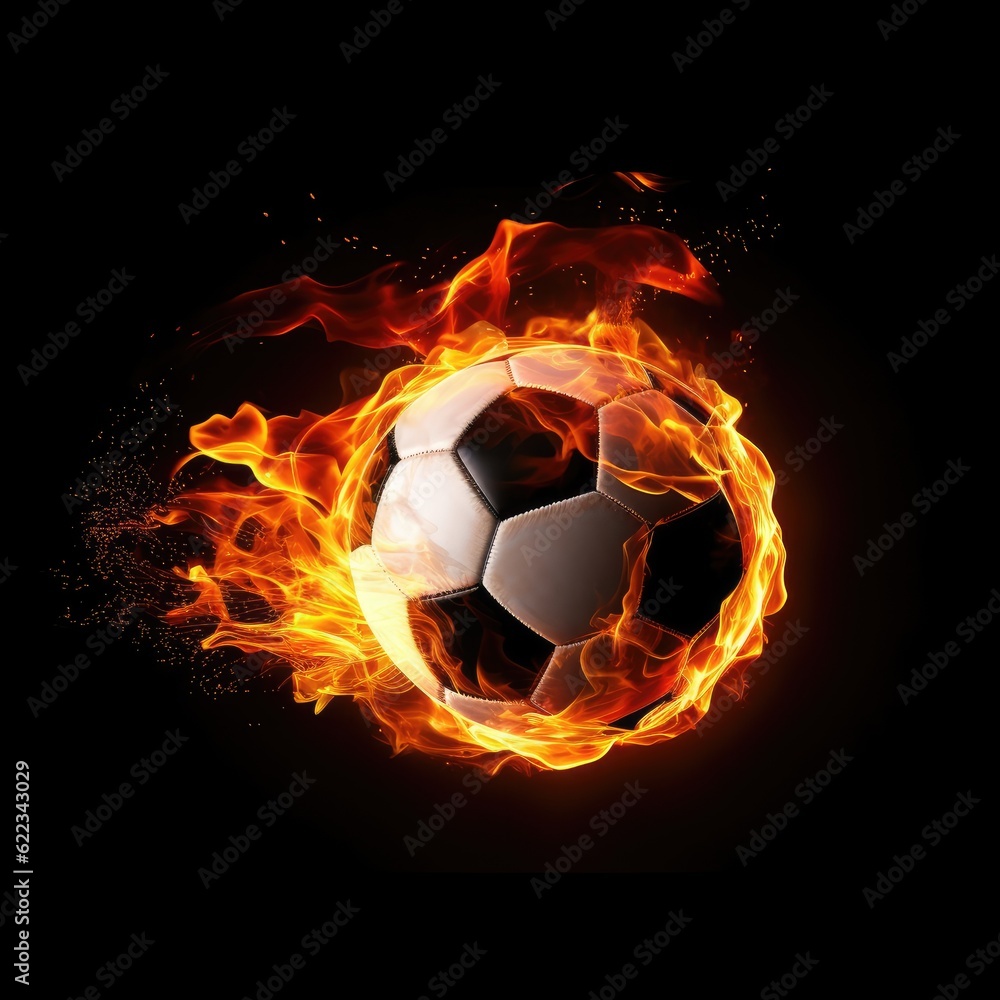 Fototapeta premium Soccer ball on fire in black background, AI generated Image