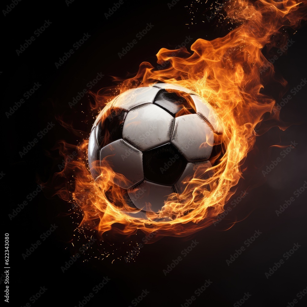 Fototapeta premium Soccer ball on fire in black background, AI generated Image