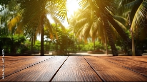 Empty wooden table top with blurred background of Palm trees