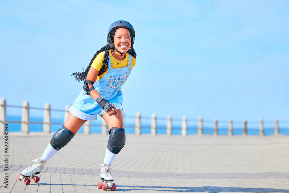 Skating, portrait and woman on promenade for learning, fun and weekend skate. Summer, smile and African person with mockup while on roller skates for a trendy activity, hobby and vacation in street