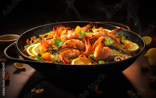 Dish with shrimps and vegetables in a skillet created with Generative AI technology 
