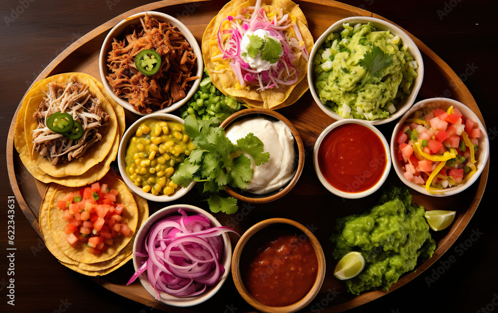 Family-style Mexican tostada platter, featuring an assortment of mini tostadas created with Generative AI technology Family-style Mexican tostada platter, featuring an assortment of mini tostadas created with Generative AI technology