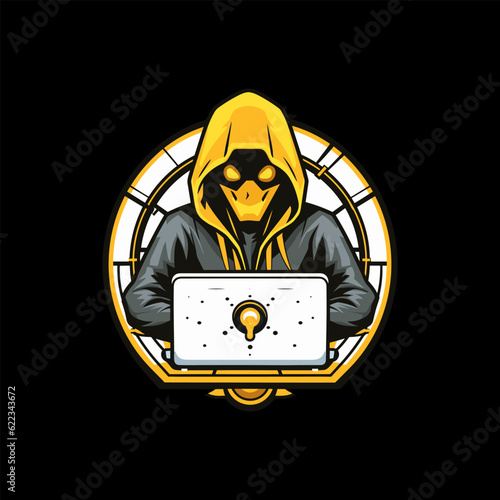 Hacker with a laptop. Vector illustration on a black background