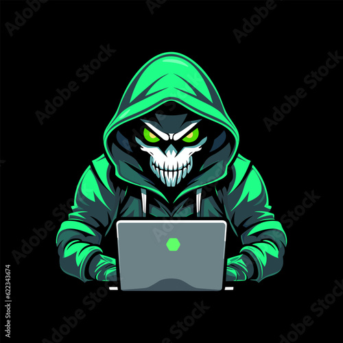 Hacker with a laptop. Vector illustration on a black background