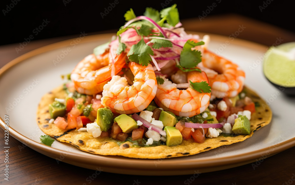 Mexican tostada with shrimp and diced vegetables on a plate created with Generative AI technology Mexican tostada with shrimp and diced vegetables on a plate created with Generative AI technology
