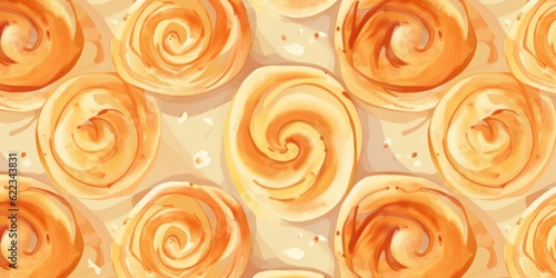 Freshly Baked Cinnamon Roll Pastry Background, Horizontal Watercolor Illustration. Crusty Pastry, Gourmet Bakery. Ai Generated Soft Colored Watercolor Illustration with Aromatic Cinnamon Roll Pastry.