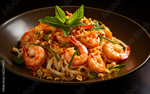 Fresh Thai noodles with shrimp and peanuts created with Generative AI technology