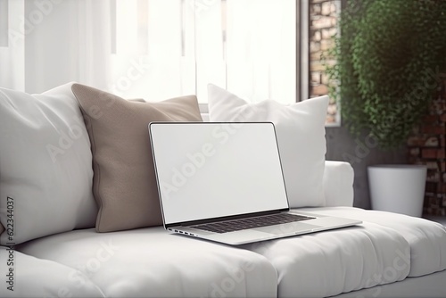 Blank laptop screen on a white sofa with pillows. Template with mockup copy space that is attractive. blog, social networking, website branding, and display all involve online purchasing. Generative