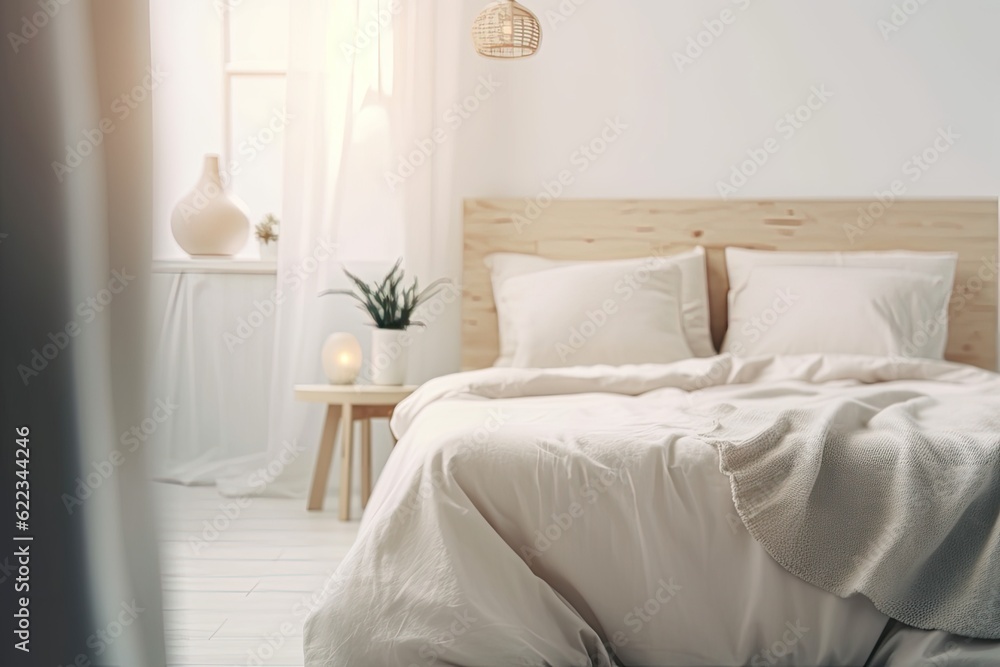 bedroom interior in abstract blur and defocused background. Generative AI