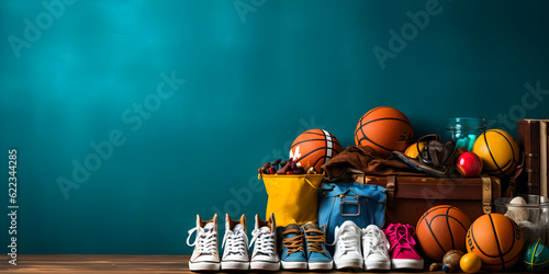Fototapeta Naklejka Na Ścianę i Meble -  Banner with various sports equipment and shoes on blue background with copy space, blank space for text, sport concept, generated ai