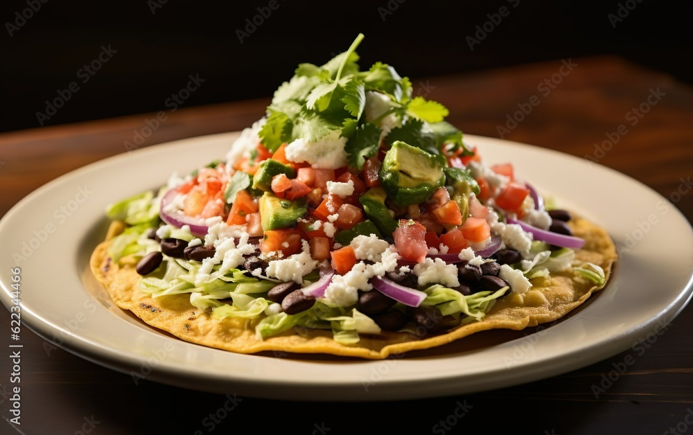 Mexican tostada with vegetables and tortilla on a plate created with Generative AI technology Mexican tostada with vegetables and tortilla on a plate created with Generative AI technology